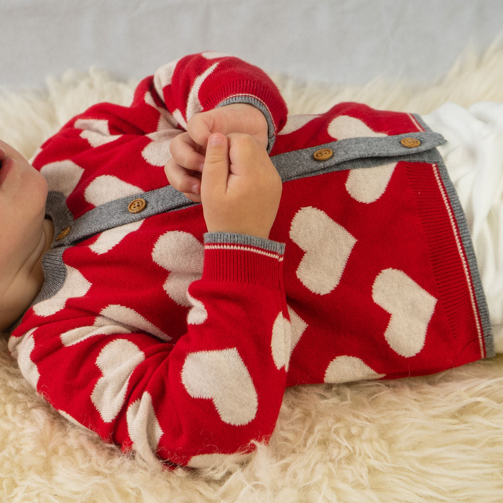 Red hearts patterned knitted cardigan