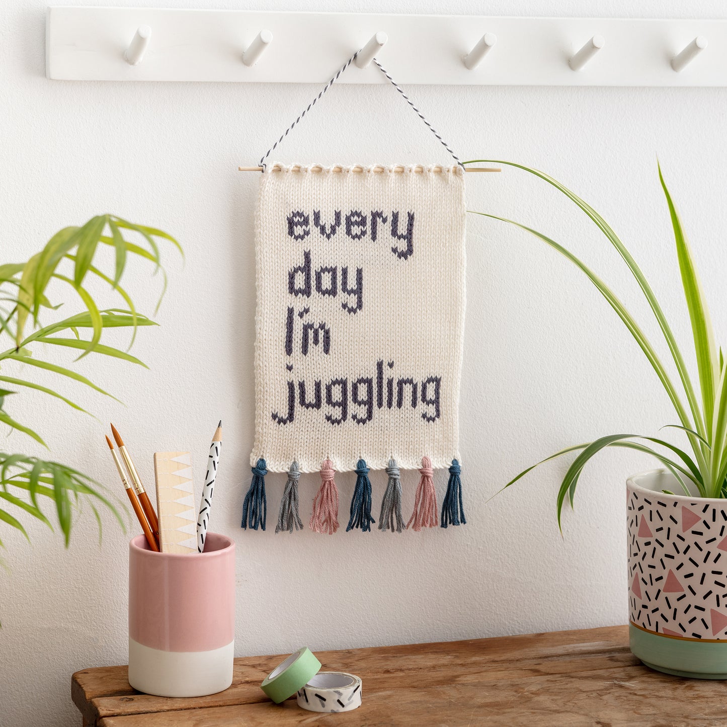 Everyday I'm juggling knitted wall hanging