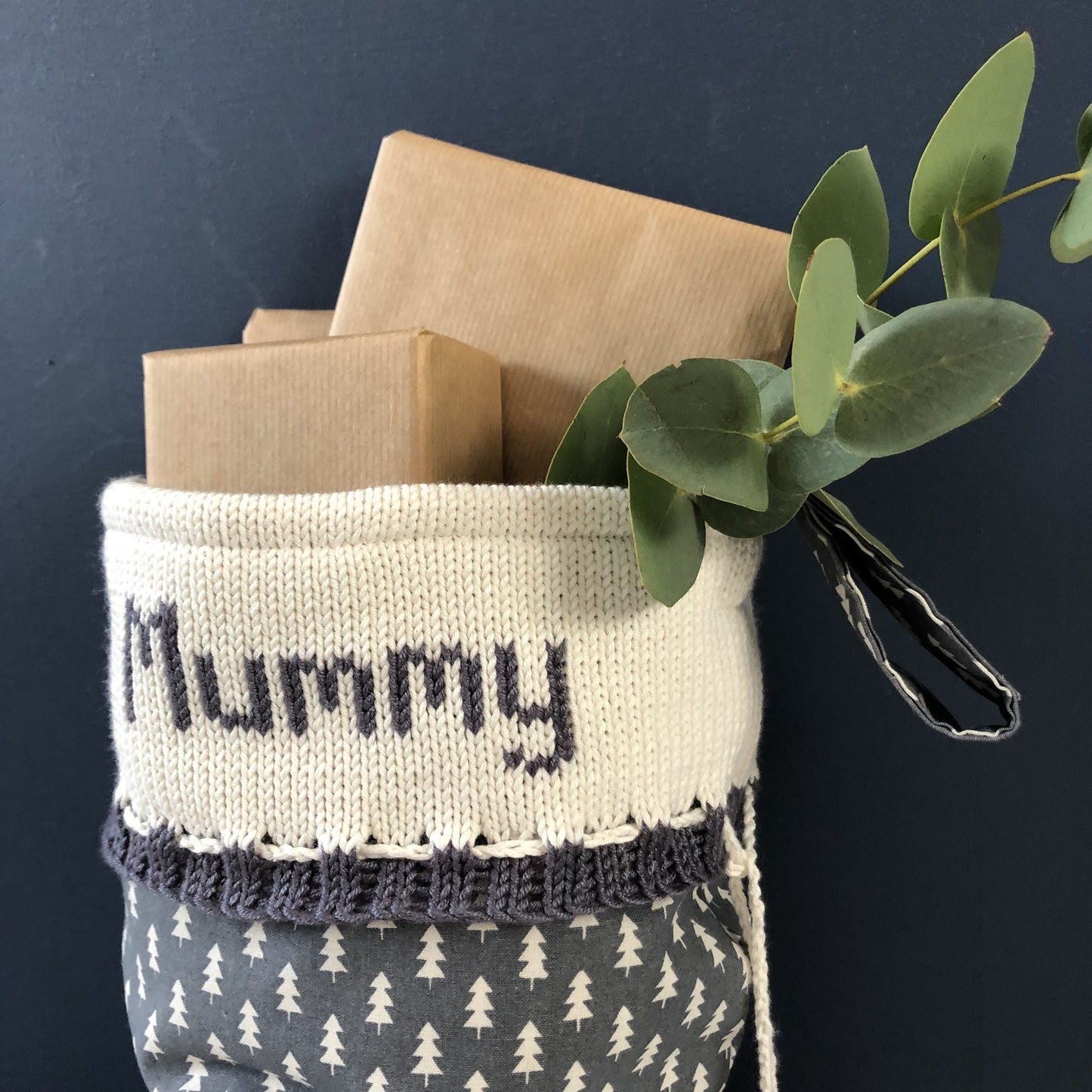 grey mini trees personalised Christmas stocking