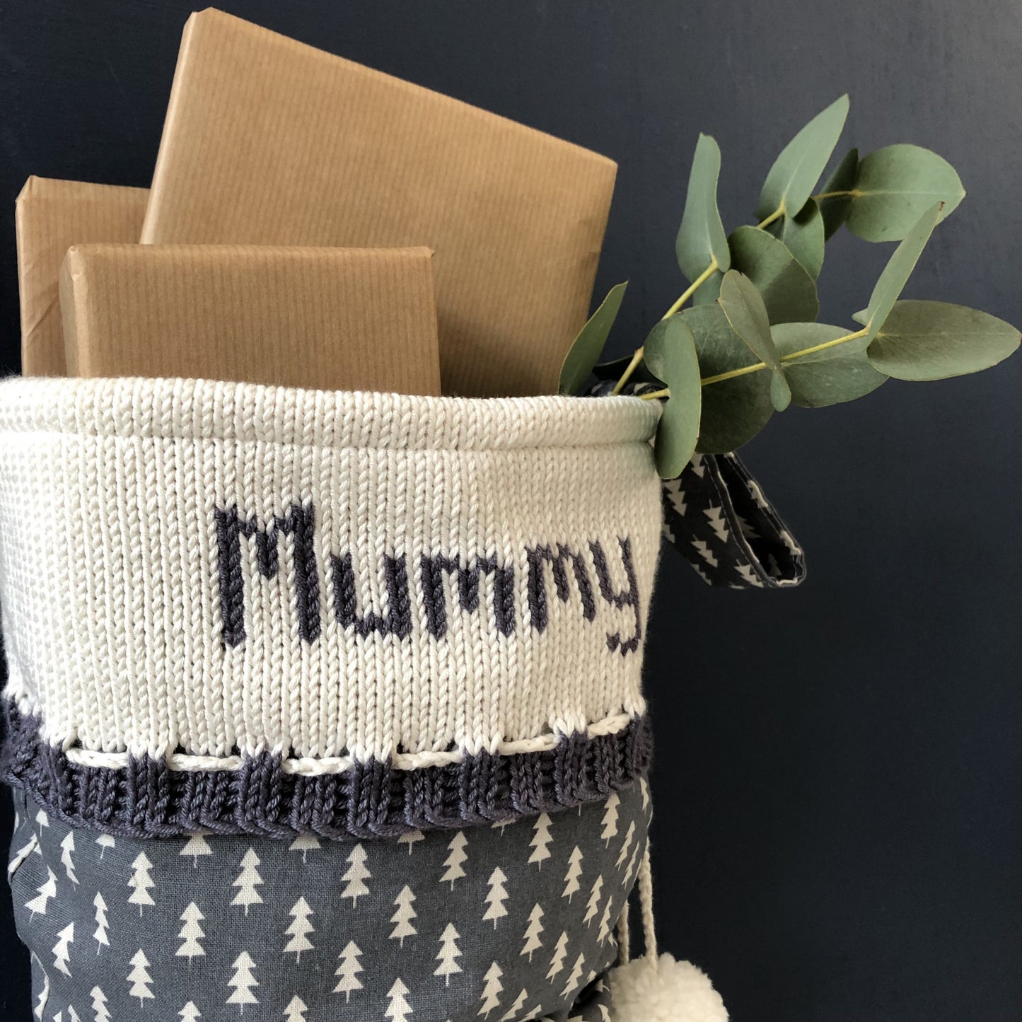 grey mini trees personalised Christmas stocking