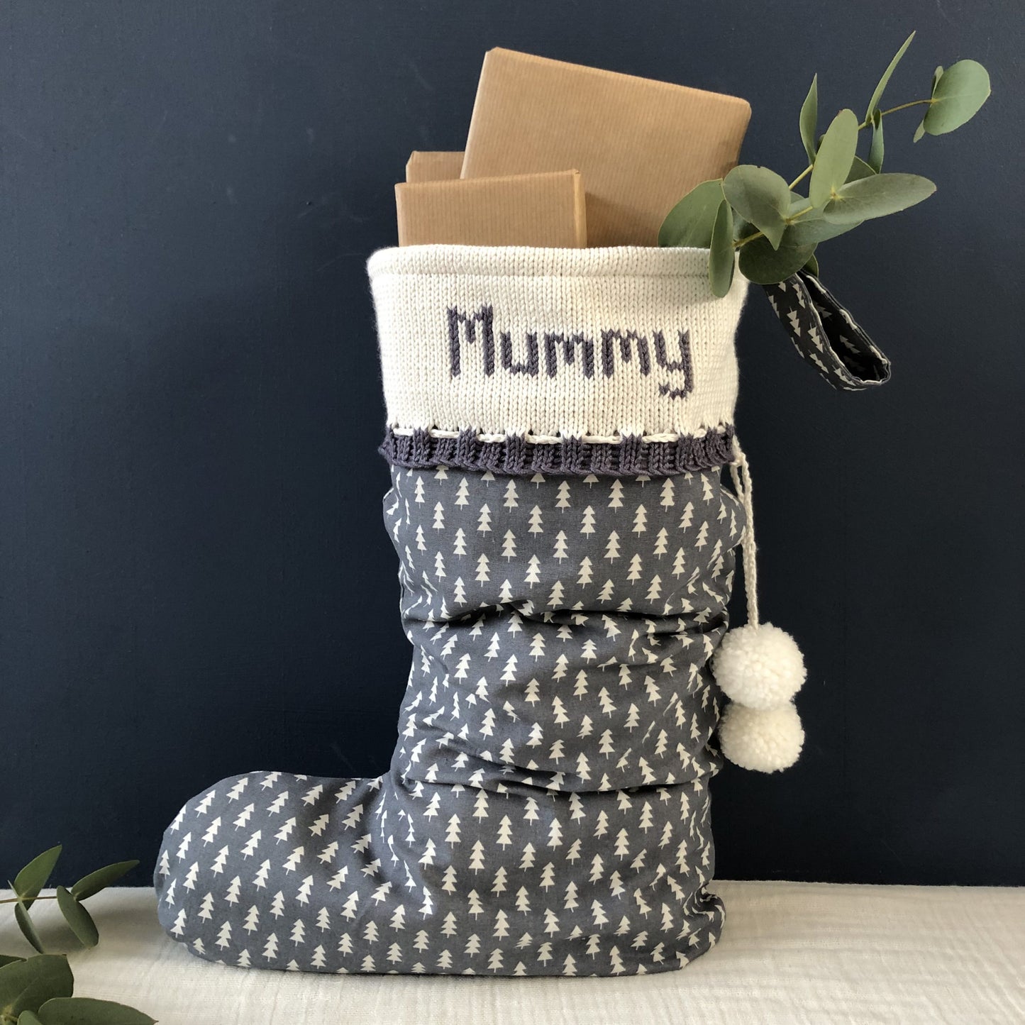 grey mini trees personalised Christmas stocking