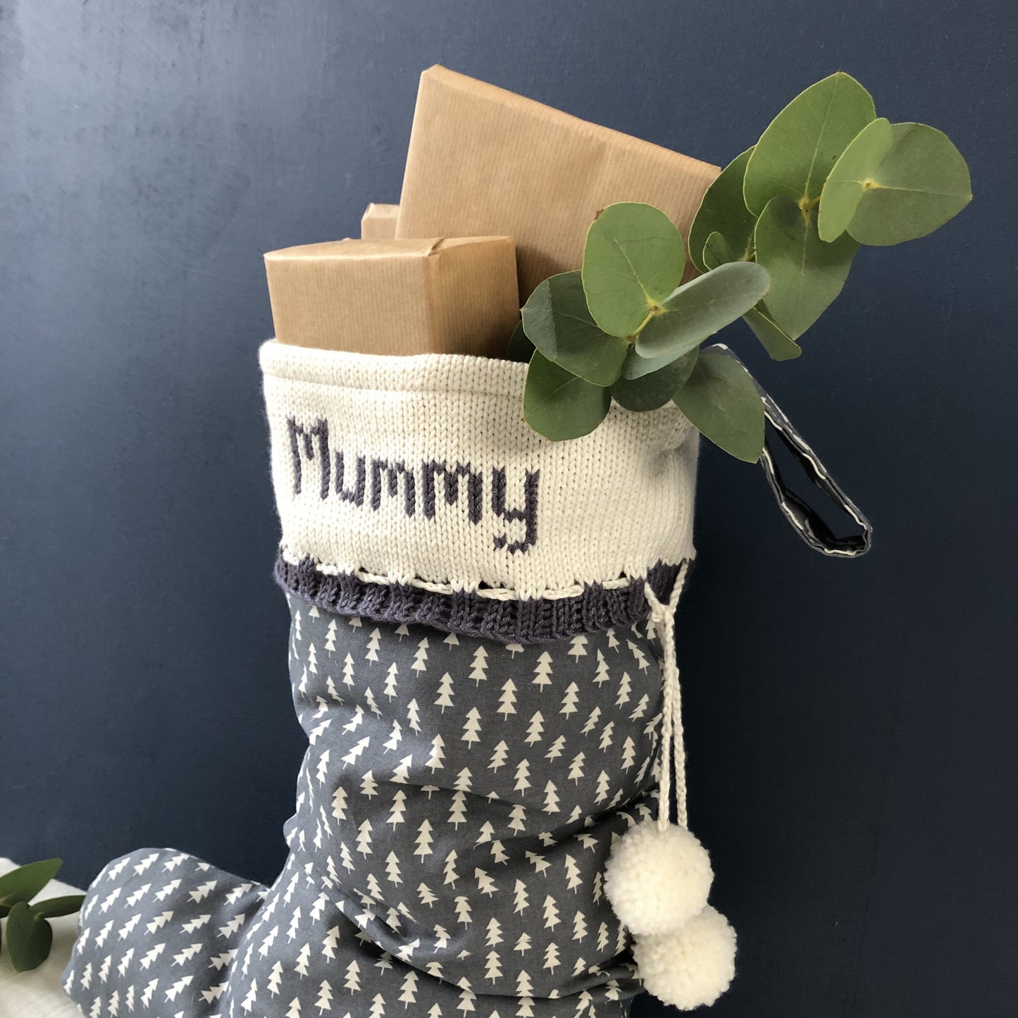 grey mini trees personalised Christmas stocking