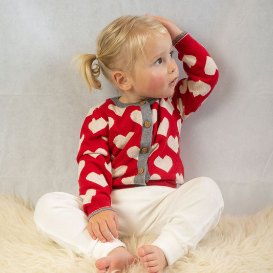 red hearts patterned knitted cardigan
